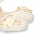 CEREMONY Linen canvas little Mary Jane shoes with Ribbon and Flower design.