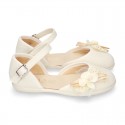 CEREMONY Linen canvas little Mary Jane shoes with Ribbon and Flower design.