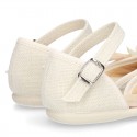 CEREMONY Linen canvas little Mary Jane shoes with Ribbon and Flower design.