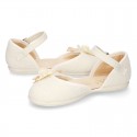 CEREMONY Linen canvas little Mary Jane shoes with Ribbon and Flower design.