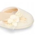 CEREMONY Linen canvas little Mary Jane shoes with Ribbon and Flower design.