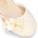 CEREMONY Linen canvas little Mary Jane shoes with Ribbon and Flower design.