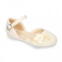 CEREMONY Linen canvas little Mary Jane shoes with Ribbon and Flower design.