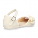 CEREMONY Linen canvas little Mary Jane shoes with Ribbon and Flower design.