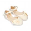 CEREMONY Linen canvas little Mary Jane shoes with Ribbon and Flower design.