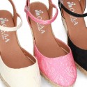 LACES design Cotton canvas wedge espadrille sandal shoes.