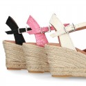 LACES design Cotton canvas wedge espadrille sandal shoes.