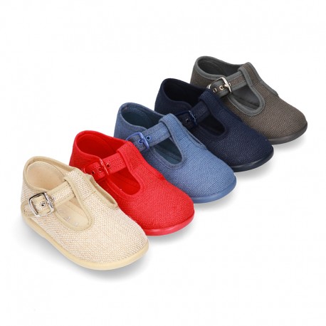 New LINEN canvas T-strap shoes for little kids.