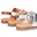 Leather sandal shoes to dress with two rear straps and chopped design for girls.