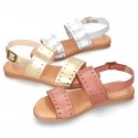 Leather sandal shoes to dress with two rear straps and chopped design for girls.