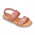 Leather sandal shoes to dress with two rear straps and chopped design for girls.