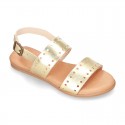 Leather sandal shoes to dress with two rear straps and chopped design for girls.