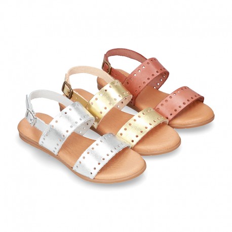 Leather sandal shoes to dress with two rear straps and chopped design for girls.