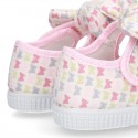 Cotton canvas Little Mary Janes with velcro strap and BUTTERFLIES print design.