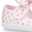 Cotton canvas Little Mary Janes with velcro strap and BUTTERFLIES print design.