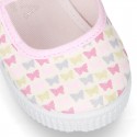 Cotton canvas Little Mary Janes with velcro strap and BUTTERFLIES print design.