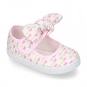 Cotton canvas Little Mary Janes with velcro strap and BUTTERFLIES print design.