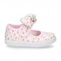 Cotton canvas Little Mary Janes with velcro strap and BUTTERFLIES print design.