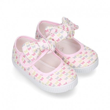 Cotton canvas Little Mary Janes with velcro strap and BUTTERFLIES print design.