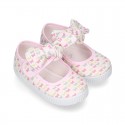 Cotton canvas Little Mary Janes with velcro strap and BUTTERFLIES print design.