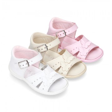 Washable leather sandal shoes with BUTTERFLIES design and FLEXIBLE soles.