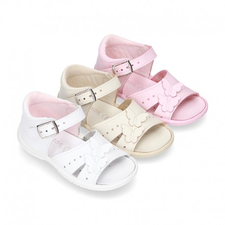 Washable leather sandal shoes with BUTTERFLIES design and FLEXIBLE soles.