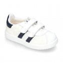 New Washable leather SUMMER tennis shoes combined with canvas with velcro strap and stripes design.