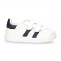 New Washable leather SUMMER tennis shoes combined with canvas with velcro strap and stripes design.