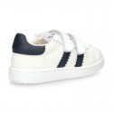 New Washable leather SUMMER tennis shoes combined with canvas with velcro strap and stripes design.