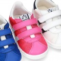 New Washable leather SUMMER tennis shoes combined with canvas with velcro strap and stripes design.