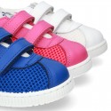 New Washable leather SUMMER tennis shoes combined with canvas with velcro strap and stripes design.