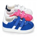 New Washable leather SUMMER tennis shoes combined with canvas with velcro strap and stripes design.