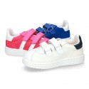 New Washable leather SUMMER tennis shoes combined with canvas with velcro strap and stripes design.