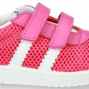 New Washable leather SUMMER tennis shoes combined with canvas with velcro strap and stripes design.