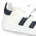 New Washable leather SUMMER tennis shoes combined with canvas with velcro strap and stripes design.