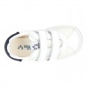 New Washable leather SUMMER tennis shoes combined with canvas with velcro strap and stripes design.