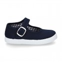 Cotton Canvas Little Mary Jane shoes with buckle fastening and clip and sneaker type sole.