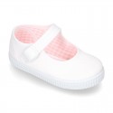 Cotton Canvas Little Mary Jane shoes with buckle fastening and clip and sneaker type sole.