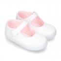 Cotton Canvas Little Mary Jane shoes with buckle fastening and clip and sneaker type sole.