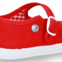 Cotton Canvas Little Mary Jane shoes with buckle fastening and clip and sneaker type sole.