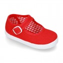 Cotton Canvas Little Mary Jane shoes with buckle fastening and clip and sneaker type sole.