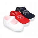 Cotton Canvas Little Mary Jane shoes with buckle fastening and clip and sneaker type sole.