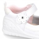 New Washable leather little Mary Jane shoes with FLOWER velcro strap design and reinforced toe cap and counter for first steps.