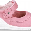 New Washable leather little Mary Jane shoes with FLOWER velcro strap design and reinforced toe cap and counter for first steps.