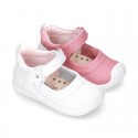 New Washable leather little Mary Jane shoes with FLOWER velcro strap design and reinforced toe cap and counter for first steps.