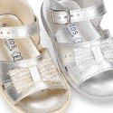 Metal finish leather sandals for little girls with BOW and EXTRA FLEXIBLE outsole.