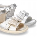 Metal finish leather sandals for little girls with BOW and EXTRA FLEXIBLE outsole.