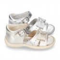 Metal finish leather sandals for little girls with BOW and EXTRA FLEXIBLE outsole.