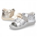 Metal finish leather sandals for little girls with BOW and EXTRA FLEXIBLE outsole.