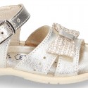 Metal finish leather sandals for little girls with BOW and EXTRA FLEXIBLE outsole.